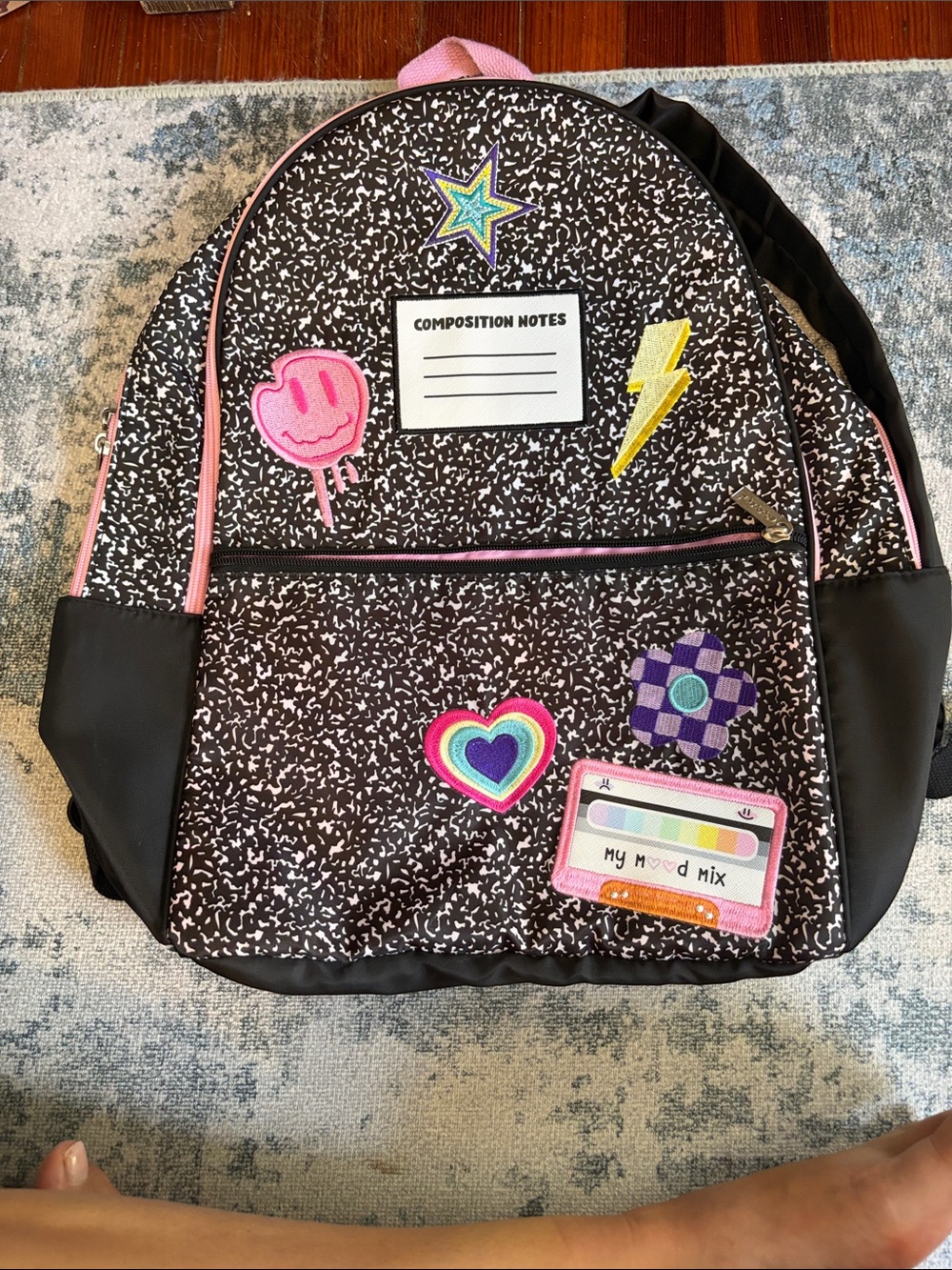 Kids Black & Pink Patterned Backpack with Colorful Patches
